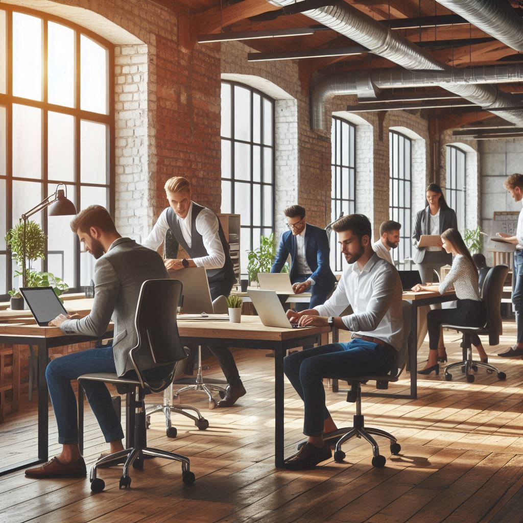 People working in collaboration in a loft style office space